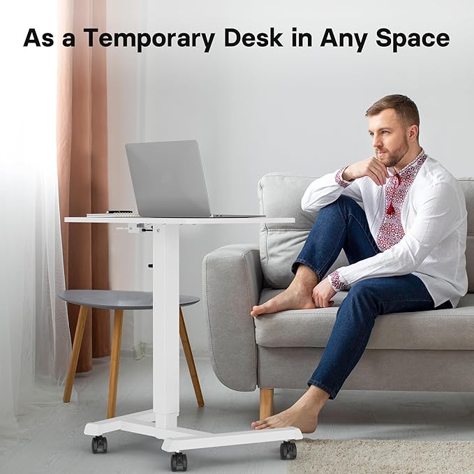 BONTEC Mobile Standing Desk Adjustable Height, Rolling Laptop Cart with Hook, Portable Workstation with Pneumatic Lift, Ergonomic Table with Wheels, Compact Home Office Desk, White 25.6" x 17.7"