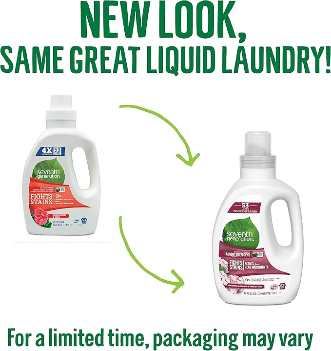 Seventh Generation Concentrated Laundry Detergent, Geranium Blossoms and Vanilla, 106 Loads, 40 oz, 2 Pack (Packaging May Vary)
