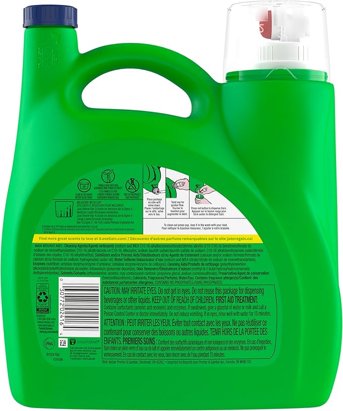 Gain + Odor Defense Liquid Laundry Detergent Super Fresh Blast Scent, HE Compatible, 107 Loads 154 fl oz, Gain Laundry Detergent, Liquid Laundry Detergent