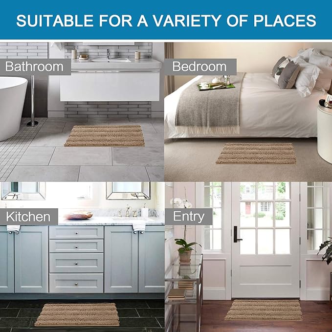 H.VERSAILTEX Bathroom Rugs Sets 2 Piece Non Slip Thick Shaggy Chenille Bathroom Rug Mat Set Extra Soft and Absorbent Striped Floor Rugs, Machine-Washable, Taupe Brown