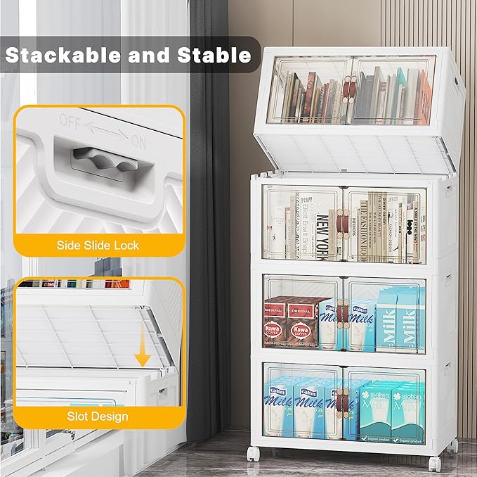 Extra Large Stackable Storage Bins with Lids & Wheels & Door, 208QT-52QT/13GAL*4Pack Foldable Collapsible Closet Organizers, Plastic containers drawers for bedroom Dorm