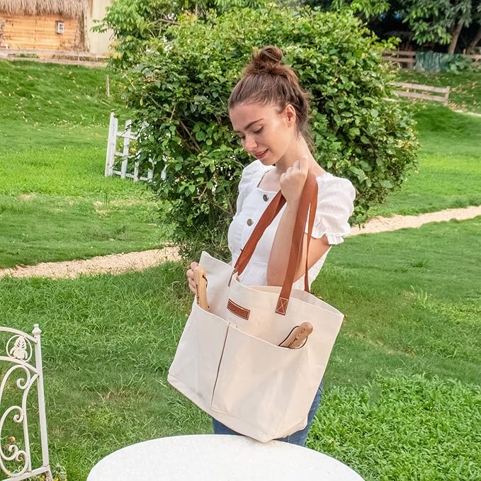 Berry&Bird Garden Tool Bag, Canvas Garden Tote With Pockets, Wear-Resistant Multi-Purpose Tool Storage Bag, Home Organizer Gardening Tool Kit for Indoor and Outdoor Gardening, 21.65" x 7.09" x 13.78"