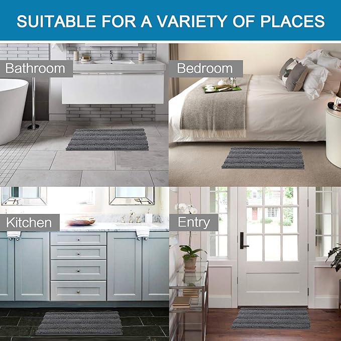 H.VERSAILTEX Bathroom Rugs Bath Rugs Non Slip Bath Mats Extra Thick Chenille Striped Rug 17" x 24" Absorbent Soft Shaggy Washable Dry Fast Bath Mats for Bathroom Floor - Grey