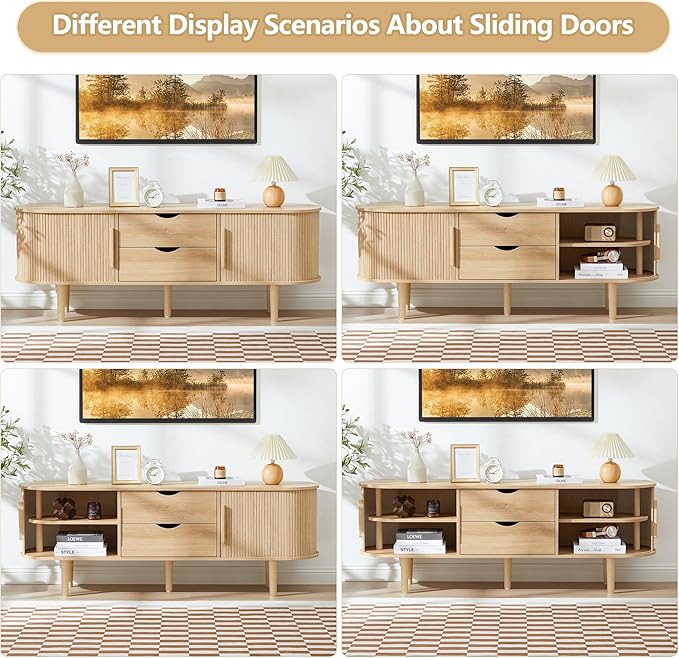 TV Stand, Media Console Table with Sliding Door and 2 Drawers, Modern Entertainment Center with Storage for Living Room, Bedroom, Home Office (Natural with 2 Drawers)