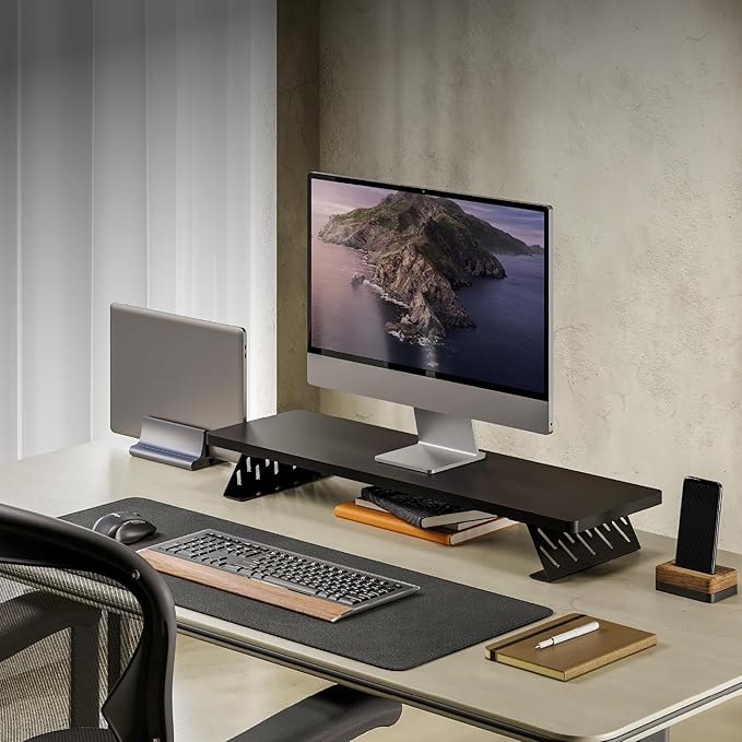 Fenge Monitor Stand Riser, Desk Top Shelf for 2 Monitors, Computer Stands for Desk, Wood & Steel Desktop Riser for Laptop, PC, Printer