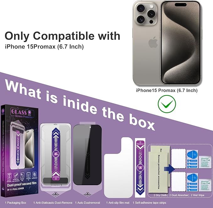 2 Pack Privacy Screen Protector for iPhone 15 Pro Max, 9H Tempered Glass, Full Coverage, Anti-Fingerprint, Auto Dust-Elimination, No Bubble,Easy Installation