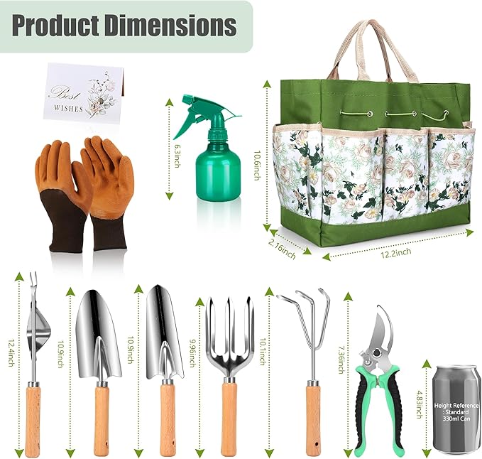 Garden Tools Set 10-Piece, Heavy Duty Stainless Steel Garden Hand Tools with Floral Tote Bag - Rust-Proof Garden Tools for Gardening, Gardening Gifts for Women Mom