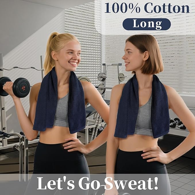 VOOVA & MOVAS Workout Towels for Gym (2PC, 15"x40") - 100% Cotton, Breathable, Soft & Absorb, Sweat Towel for Men & Women, Sports Hand Towel for Yoga, Shower, Tennis, Running, Exercise & Fitness,Navy