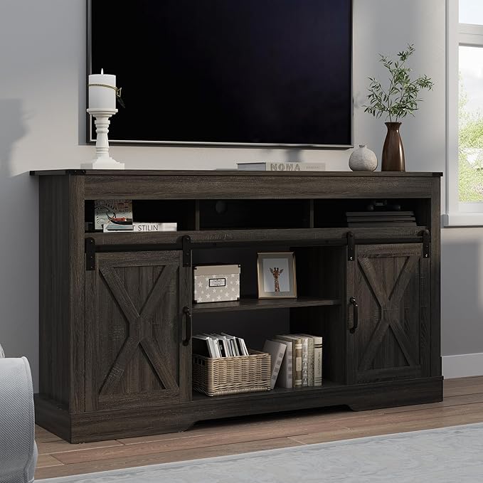 RoyalCraft TV Stand for 65+ Inch TV: Farmhouse Entertainment Center with Storage, Wood TV Console Cabinets with Sliding Barn Door, Tall Media with Adjustable Shelves for Living Rooms, Gray