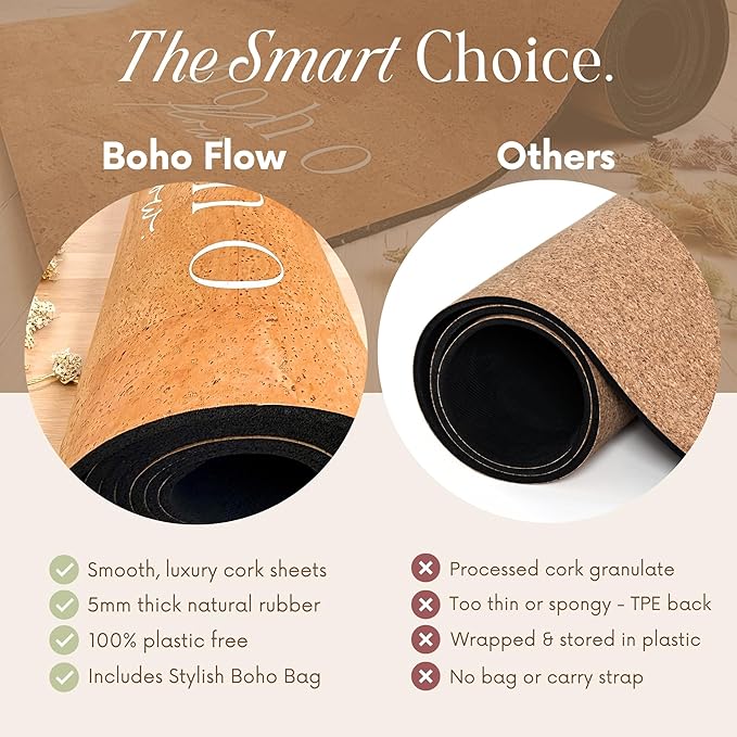 Deluxe Cork Yoga Mat Large 72"x26" - Revolutionary Cork Surface & 5mm Thick Natural Rubber Backing for Durability & Comfort - Stylish Handmade Boho Yoga Bag - Eco Friendly & Plastic Free