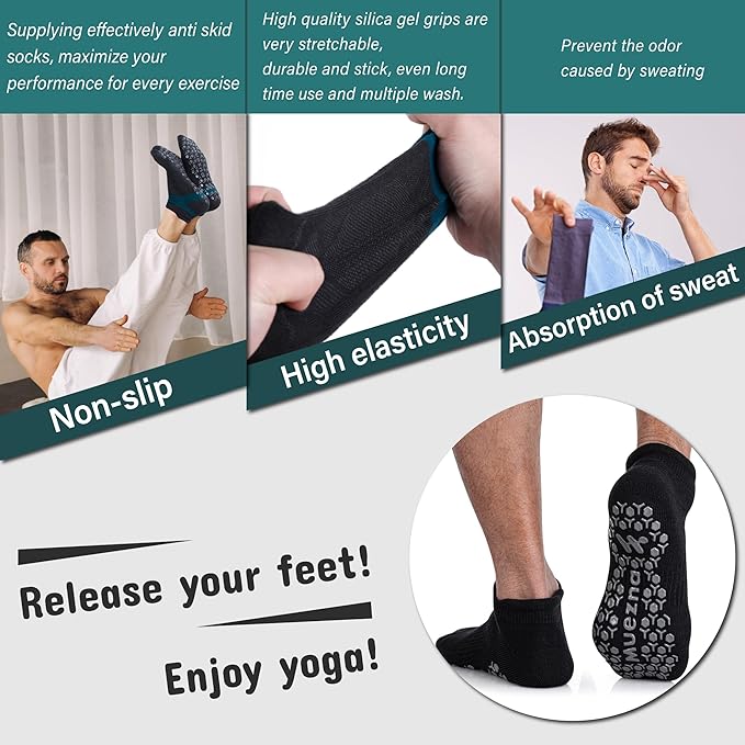 Muezna Men's Non-Slip Yoga Socks, Anti-Skid Pilates, Barre, Bikram Fitness Hospital Slipper Socks with Grips