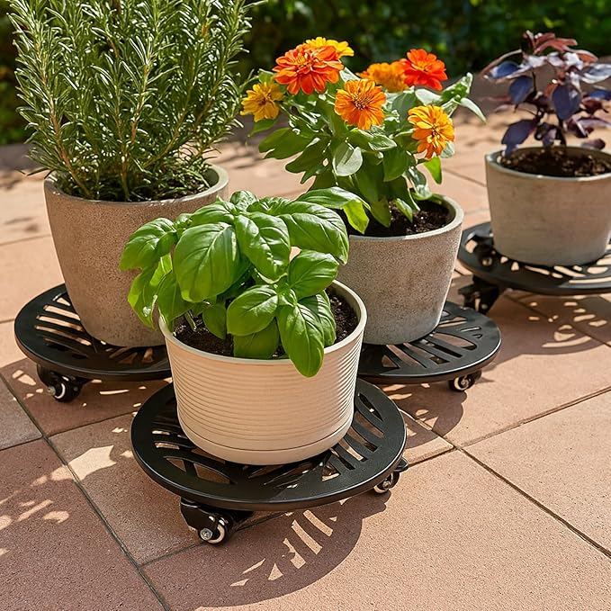 1 Pack Large Metal Plant Caddy with Wheels 13.5 Inches Heavy-duty Iron Rolling Plant Stand with Casters Indoor Outdoor Plant Roller Base Planter Movers Garden Dolly Coaster Trolley Black