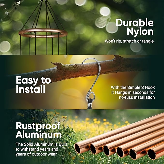 Nature’s Melody Aureole Tunes Wind Chimes – Outdoor Windchime with 6 Tubes Tuned to E Pentatonic Scale, 100% Rustproof Aluminum, Powder Finish & S Hook Hanger for Sympathy, Memorial Gift or Zen Garden