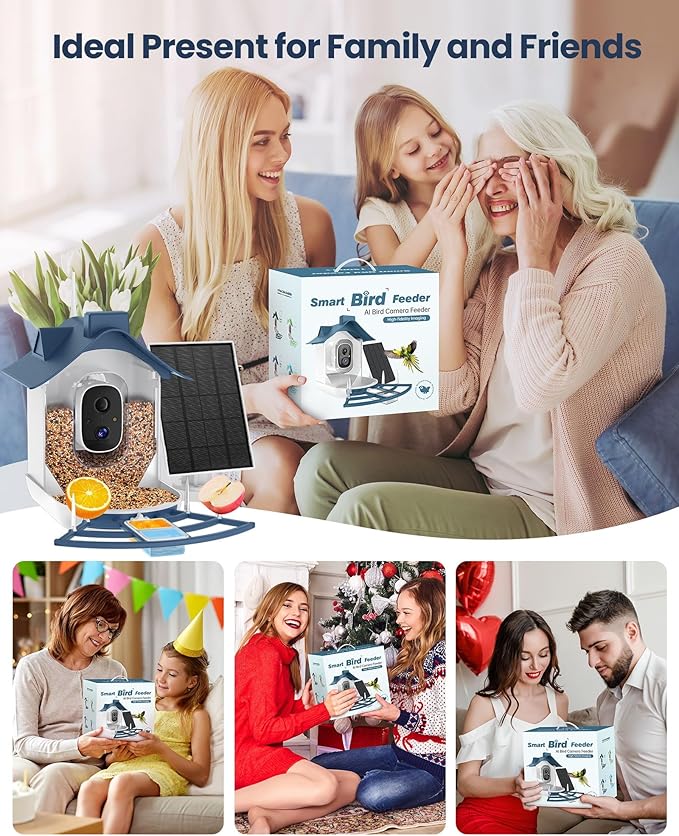 Bird Feeder with Camera, AI Identify Bird's Species Camera, Full HD Live Video Outdoor Adjustable Solar Smart Birds Feeder, Auto Capture Birds Videos & Notify, Ideal Present for Bird Lover
