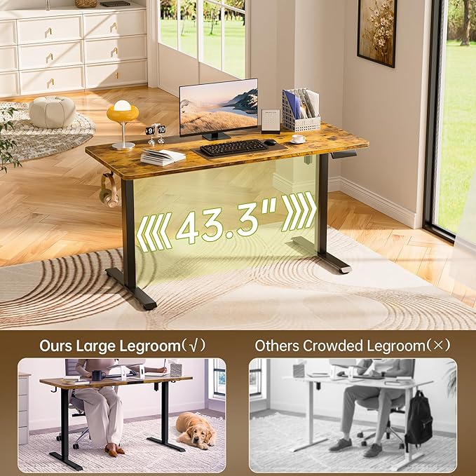 Veken 55 Inch Large Electric Standing Desk, Heights Adjustable, Sit to Stand Up, Work Home Office Computer Table for Study, Walking Pad, Writing, and Games, Wooden Desktop Desks, Brown