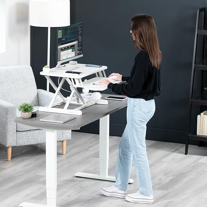 VIVO 26 inch Desk Converter, K Series, Height Adjustable Sit to Stand Riser, Dual Monitor and Laptop Workstation with Keyboard Tray, White, DESK-V026KW