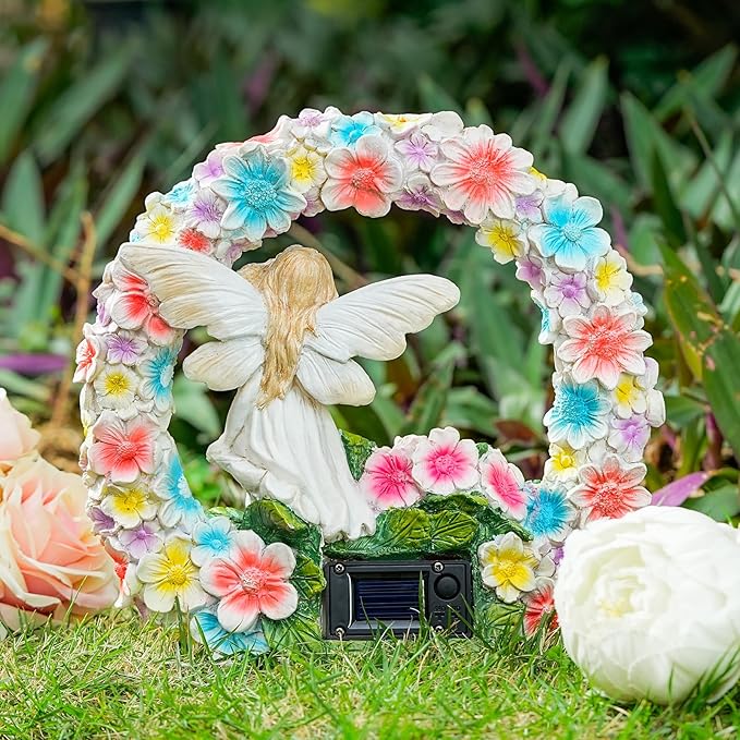 Garden Whimsical Gnome and Bulldog Statue Delightful Garden Decoration with Solar Light Gifts for Yard, Patio Decor (Flower Angel)