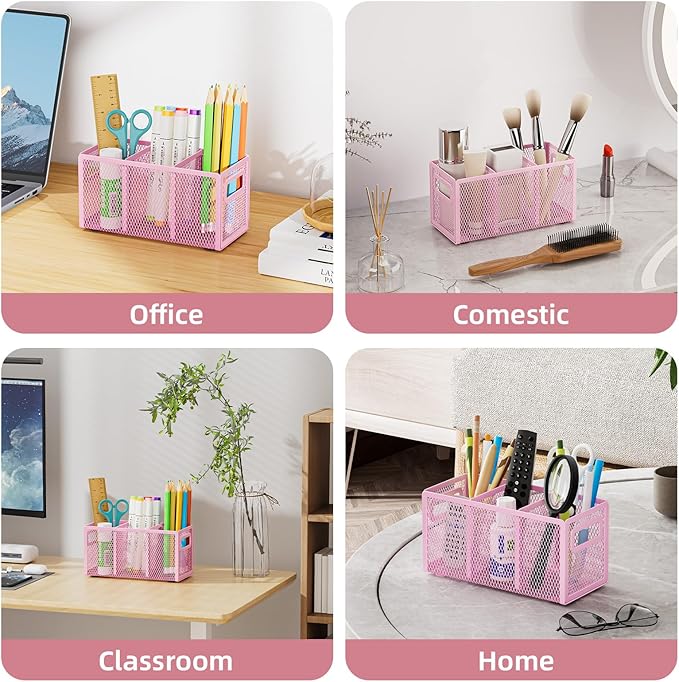 Marbrasse Mesh Pen Holder for Desk,Pencil Holder Desk Organizer 3 Adjustable Compartments,Pencil Cup with Handle Perfect for Classroom, Office, Home,Makeup,Art (Pink)