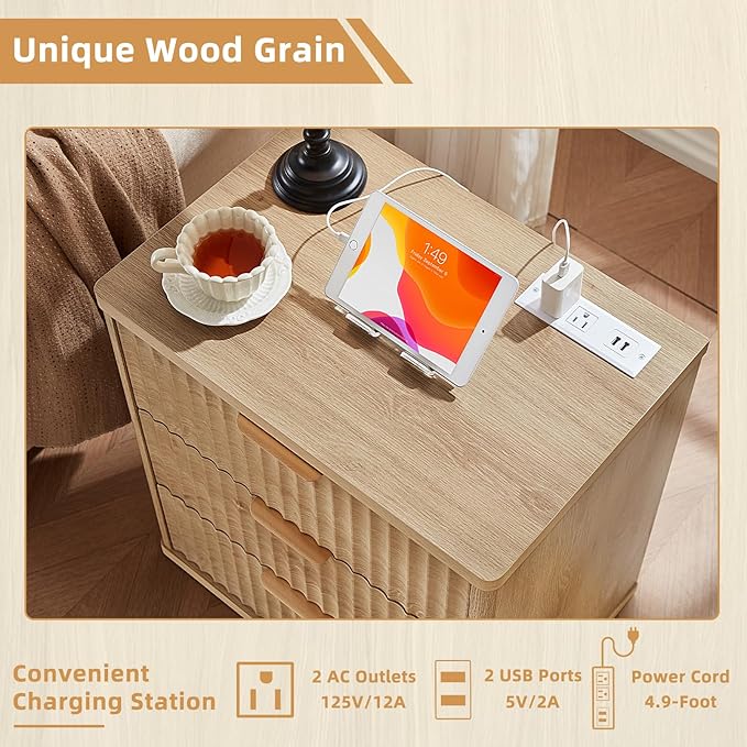 LEYAOYAO 23" Wide Fluted Farmhouse Night Stand Set of 2 with Charging Station, 3 Drawers Large End Table w/Metal Handle, Natural Nightstand Bedside Table,Wood Dresser for Bedroom, Closet