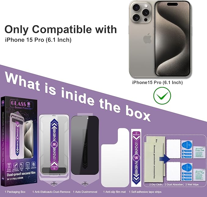 2 Pack Privacy Screen Protector for iPhone 15 Pro, 9H Tempered Glass, Full Coverage, Anti-Fingerprint, Auto Dust-Elimination, No Bubble, Easy Installation