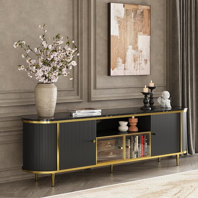Luxury 70" Fluted TV Stand, Modern Entertainment Center for TVs Up to 80”, TV Console with Faux Marble Tabletop, Curved Profile Design, Media Console for Living Room, Black