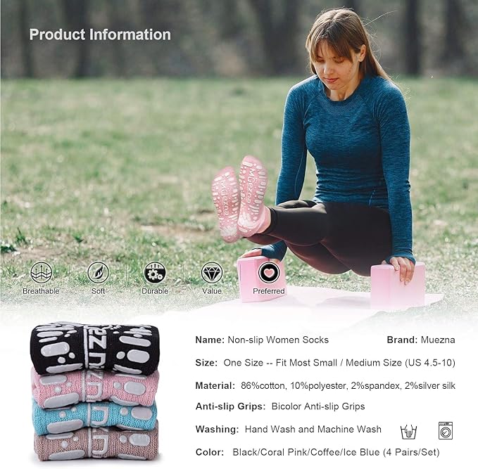 Muezna Non Slip Yoga Socks for Women, Anti-Skid Pilates, Barre, Hospital Socks with Grips, Size 5-10