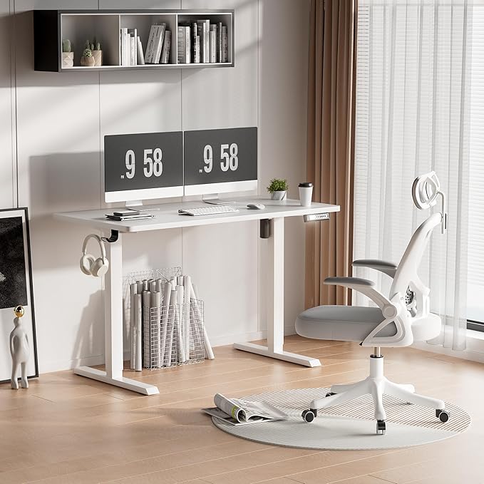 Furmax Electric Standing Desk, 47 x 24 Inches Height Adjustable Desk with Removable Casters, Home Office Computer Desk (White)