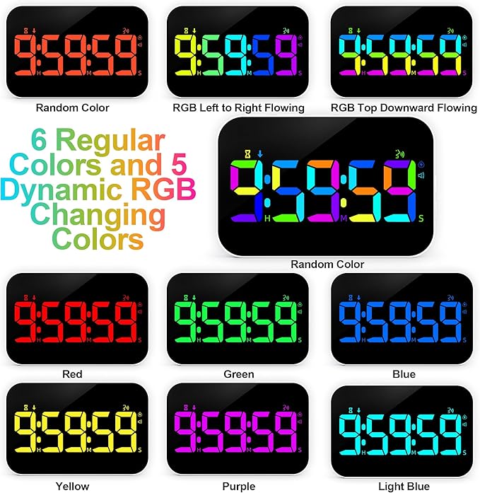 Digital Kitchen Timer, 10 RGB Color Rechargeable Magnetic Timer for Cooking with Countdown/Up, 5”LED Large Display with Sound Alert Function, Kids Timers for Classroom Gym Work Study Fitness Game