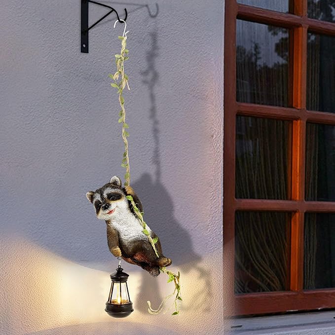 Joliyoou 1 Pack Solar Light Outdoor Statues, 6.5"H Resin Raccoon Climbing On A 23.6"L Vine with LED Lantern, Waterproof Hanging Animal Figurine with Hook for Yard Garden Wall Balcony Tree Decoration