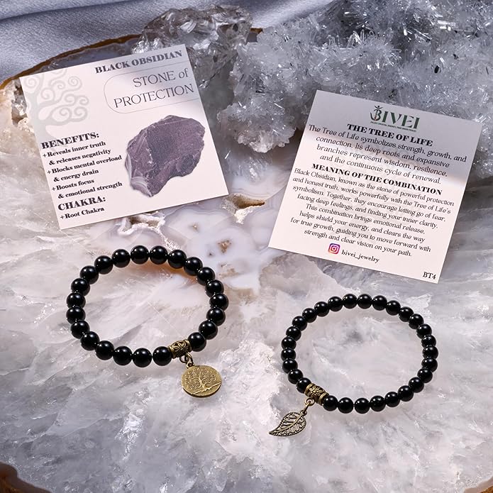 Bivei Natural Semi Precious Gemstone beads bracelet for women - Life Tree and Leaf Charm Energy Reiki Crystal Stretch Bracelets