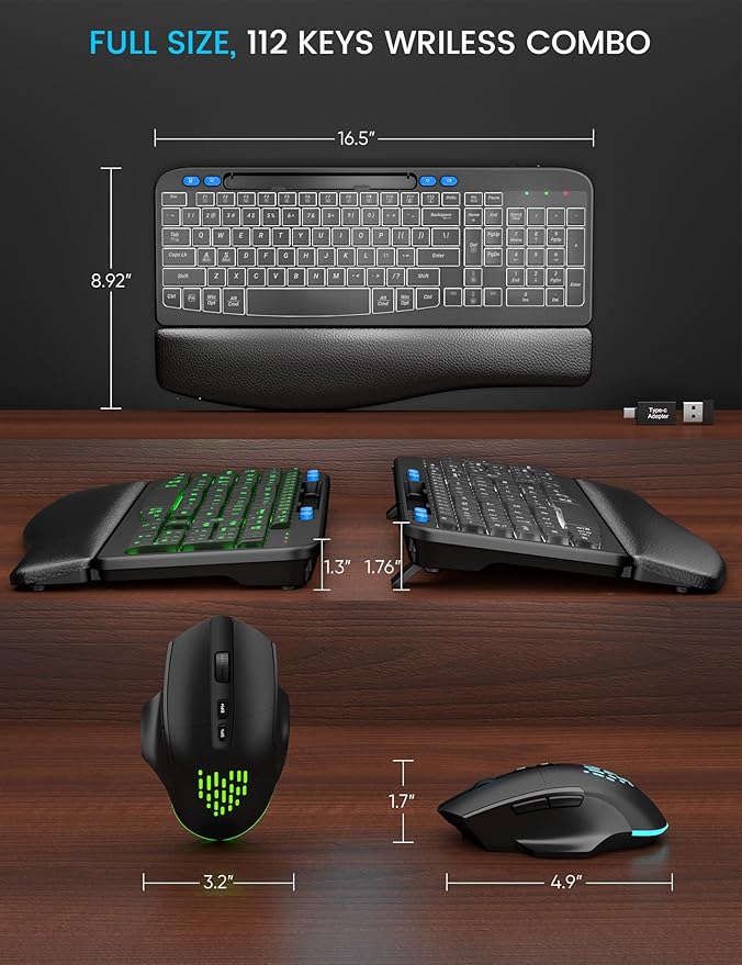 SABLUTE Wireless Keyboard and Mouse Combo - Ergonomic Wave Keyboard with Soft Leather Wrist Rest, Phone Holder, Rechargeable, RGB Backlit Mouse, Full-Size Set for Windows/Mac/Computer (Black Blue)