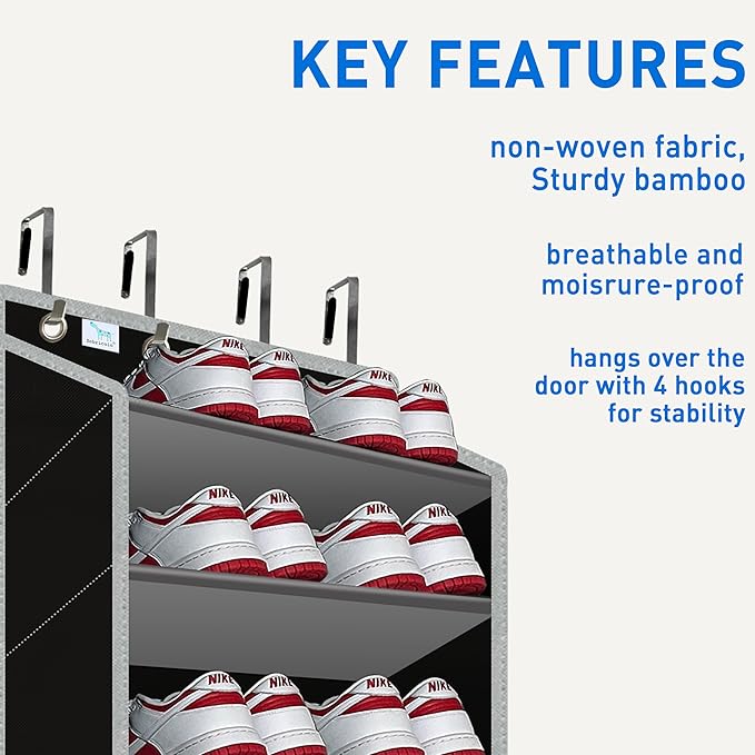 Heavy-Duty, Over The Door Shoe Organizer, Extra Large 10 Tiers, Over Door Shoe Organizer, Coated Hooks Grip Firmly Without Scratching Paint,75LB, Door Shoe Rack,Grey