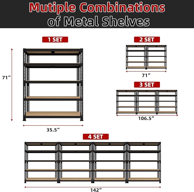 4 Packs 35.5" W x 16" D x 71" H Adjustable Garage Storage Shelves - 5-Shelf Heavy Duty Shelving Unit, Metal Utility Storage Organizer Racks for Warehouse Pantry Closet Kitchen, Black