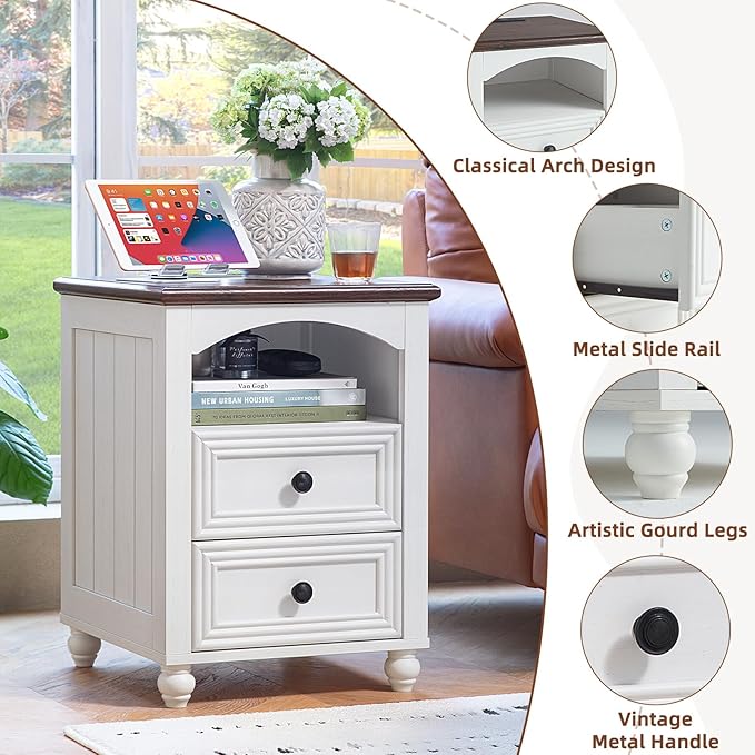 18" Farmhouse Night Stands Set of 2 with Charging Station, Wooden Nightstand with 2 Drawers, Bedside End Table with Storage, Bed Side Tables Cabinet for Bedroom, Living Room, and Closet(White)