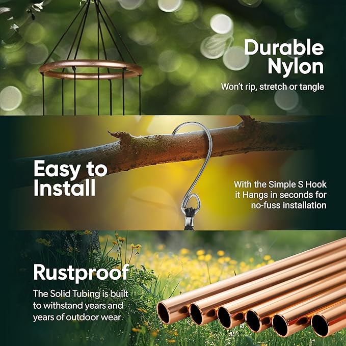 Nature’s Melody Aureole Tunes Wind Chimes – Outdoor Windchime with 6 Tubes, 100% Rustproof Aluminum, Powder Finish & S Hook Hanger for Sympathy, Memorial Gift or Zen Garden (Bronze, 36")