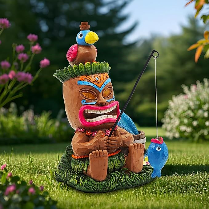 Solar Tiki Garden Statues: 8'' Funny Tiki Bar Decor with Solar Light Outside Decoration for Lawn Yard Patio Garden Gifts for Housewarming (Fishing)