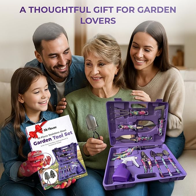 Gardening Tools Set 12-Piece Garden Tool Set – Rust-Resistant Stainless Steel Hand Tools, Gardening Kit with Heavy Duty Folding Shovel, Floral Handles & Durable Carry Case, for Women