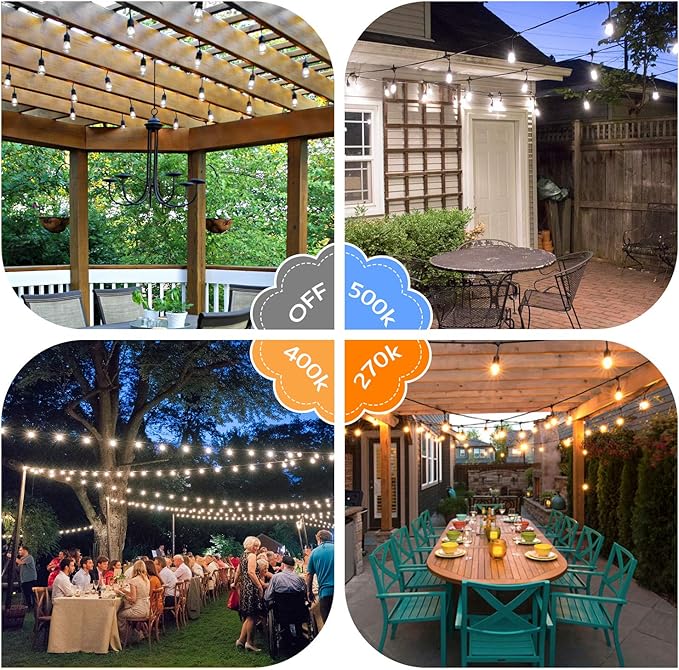 2-Pack 3 Color Dimmable LED Outdoor String Lights for Patio with Remotes, 96FT Waterproof Hanging Lights with Shatterproof Edison Bulbs for Bistro Backyard-Warm White/Nature White/Daylight White