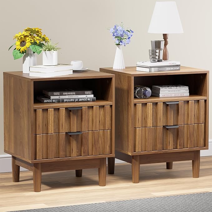 Fluted Nightstand Set of 2 with 2 Drawers, 19" Wide Night Stand with Solid Wood Legs, Open Storage Shelf, Mid Century Modern Wooden Bedside Table for Bedroom, Bed End Side Table, Walnut