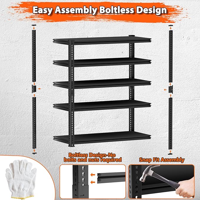 Storage Shelves Heavy Duty, 48"L x 18"W x 72"H Garage Storage Shelves Unit Loads 3700LBS, 5-tier Adjustable Metal Industrial Utility Shelf Rack for Kitchen, Laundry Room, Pantry, Warehouse, Basement