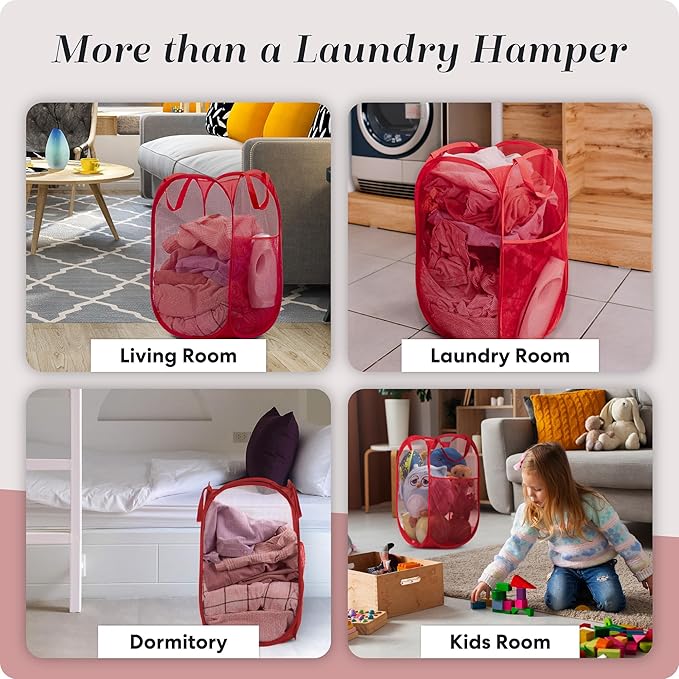 Handy Laundry Collapsible Mesh Pop Up Hamper with Wide Opening and Side Pocket - Breathable, Sturdy, Foldable, and Space-Saving Design for Clothes and Storage (Red | 2-Pack)