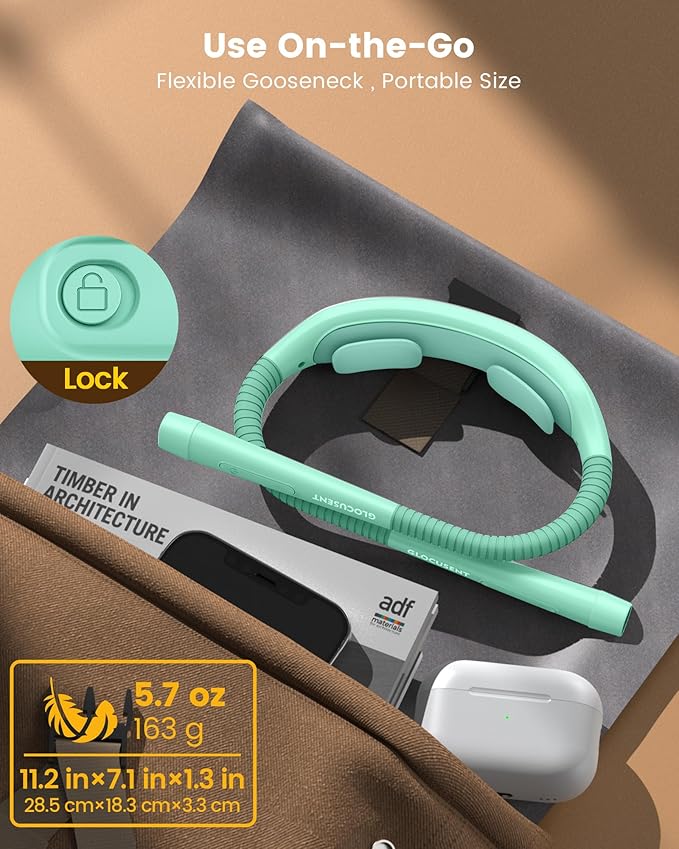 Glocusent Ergonomic Reading Light, 1600mAh Rechargeable Book Light for 100 Hrs - 3 Colors & 5 Brightness, Neck Light with Timers, Sleep Aid & Travel Lock, Perfect for Reading, Knitting & Craft