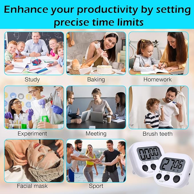 Leumoi 24 Pcs Digital Kitchen Timers Magnetic Back Timers Bulk Large Screen Loud Alarm On/Off Switch Minute Second Count up Countdown Memory Setting for Cooking Classroom Exercise (White and Black)