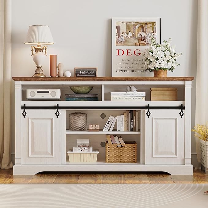 IRONCK Farmhouse TV Stand for 65+ Inch TV, 59" Entertainment Center with Storage Cabinets and Sliding Barn Door, Media Console for Living Room, White