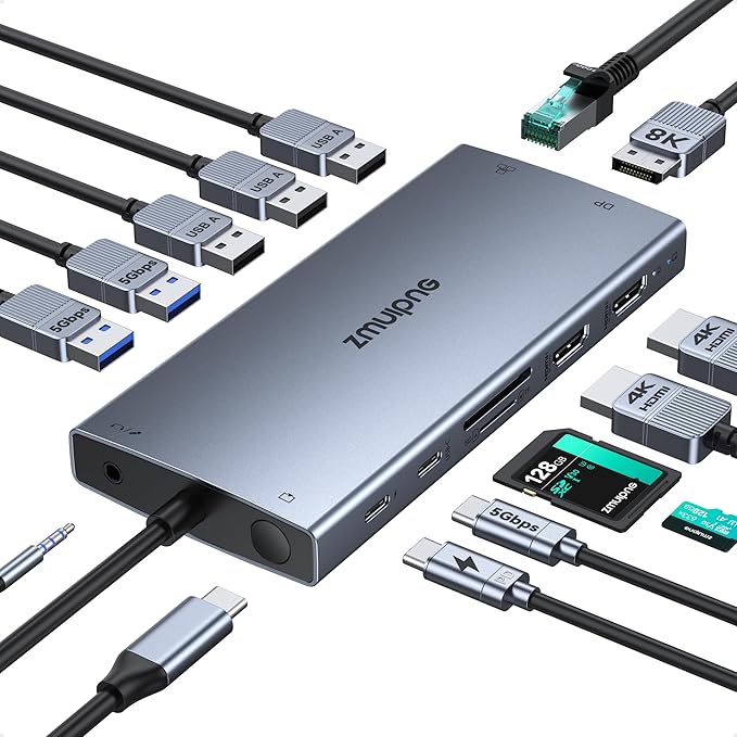 ZMUIPNG USB C Laptop Docking Station with 2 HDMI 4K@60Hz+DP 8K@30Hz 15 in 1 USB C Hub Triple Display Multiple Adapter Dongle with USB A Port+Button+PD+Ethernet+SD/TF+Audio for Dell HP Thinkpad Surface