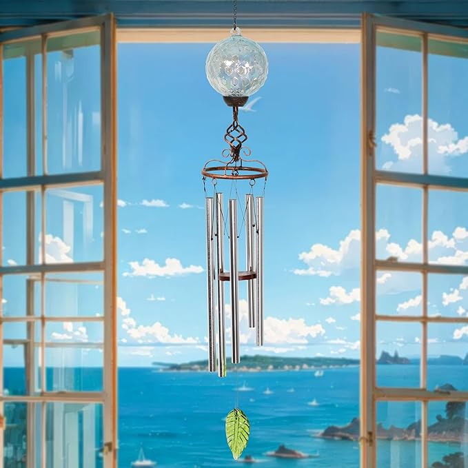 Wind Chimes, Solar LED Outdoor Garden Lighting, Light Blue Glass and Metal Wind Chime Lawn and Yard Decoration with Bronze Metal Finial, 5 x 46.5 Inch