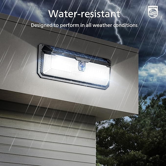 Philips Solar Lights Motion Sensor Outdoor, 258 LEDs Solar Powered Security Lights, 3 Lighting Modes, Waterproof Wall Light for Outside Yard Fence Garden Garage