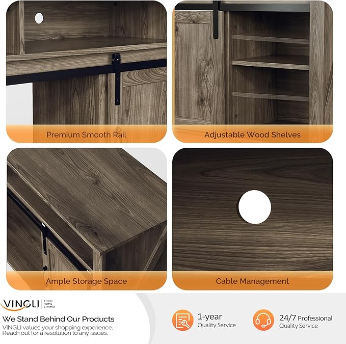 VINGLI Fireplace TV Stand with Sliding Barn Door for 70 Inch TV, Farmhouse Entertainment Center with 23" Fireplace, Fireplace Media Console Table with Storage Cabinets for Living Room, Gray Oak