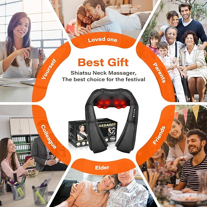 Shiatsu Neck Massager, Electric Neck and Back Massager with Heat, 3D Kneading Massage Pillow for Back, Shoulder, Muscle Pain Relief, Office & Home & Car Use, Fits for Parents