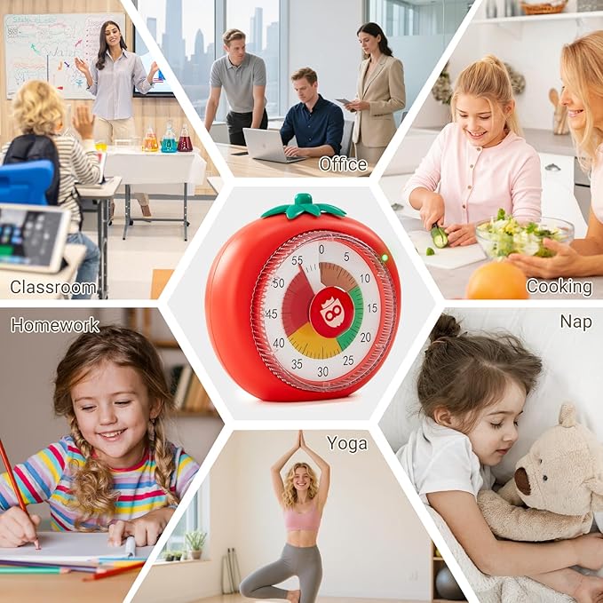 Visual Timer for Kids, 60-Minute Countdown Timers for Classroom Office Kitchen with Silent Operation, Kids Timer for Teaching with Cute Design, 4-Color Zone Pattern Pomodoro Timers